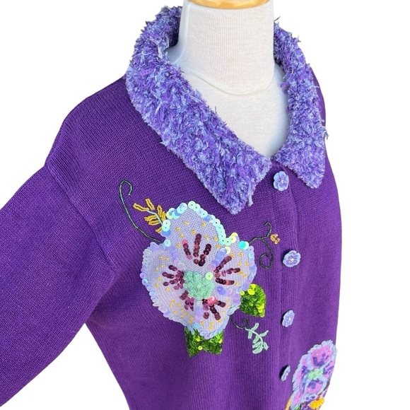 VTG Storybook Knits Purple Passion Embellished Cardigan Colorful Floral Large - Picture 4 of 16